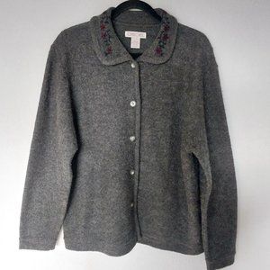 Cherokee Vintage Dark Grey Pure Wool Button Down Cardigan w/Floral Embroidery